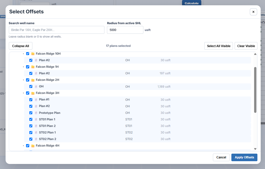 DirectionalPlan offset well selection modal showing nearby wells, radius filtering, and selected plans