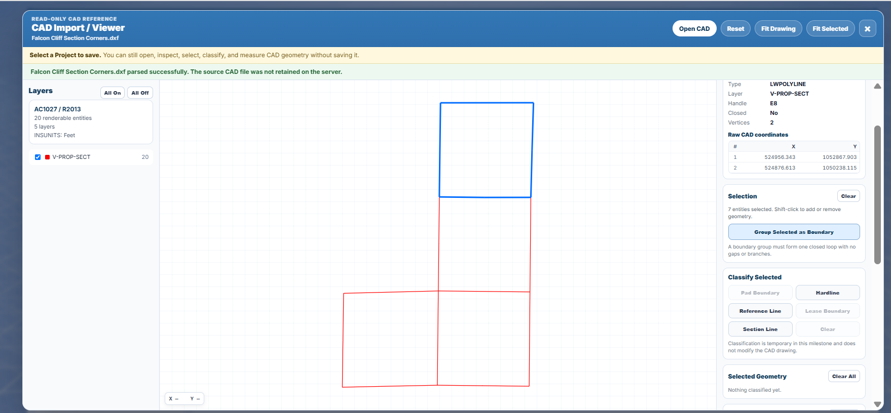 DirectionalPlan CAD viewer showing selected geometry grouped into a closed boundary before import