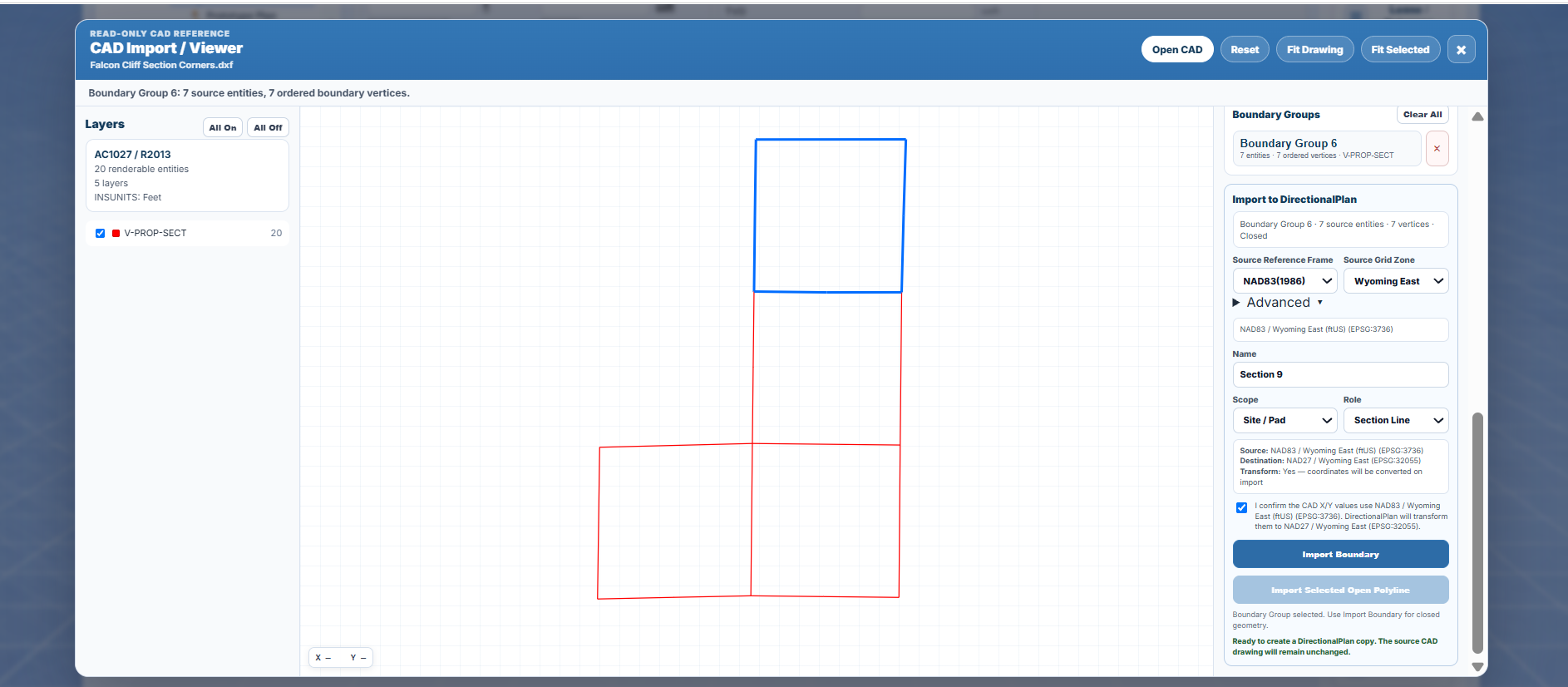 DirectionalPlan CAD Import Viewer showing a boundary group ready to import with coordinate system confirmation