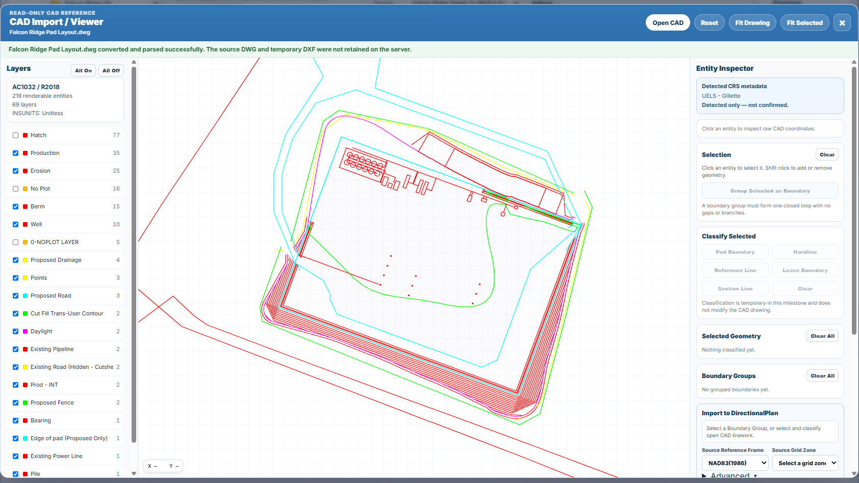 DirectionalPlan CAD viewer showing DWG layers and engineering site geometry