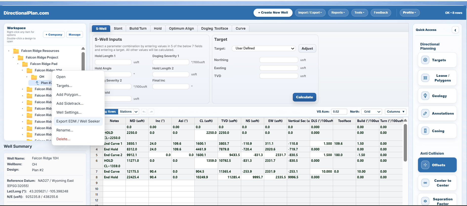 DirectionalPlan workspace showing the Export EDM / Well Seeker option in the right-click menu