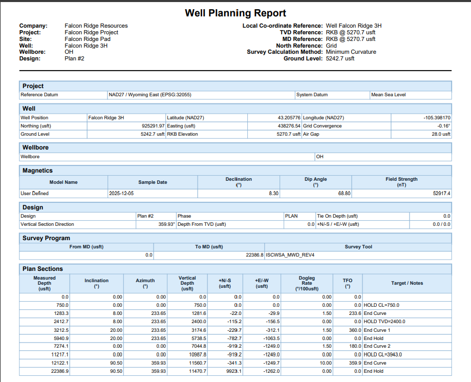 Falcon Ridge 3H directional planning report showing well references, magnetic information, and planning sections