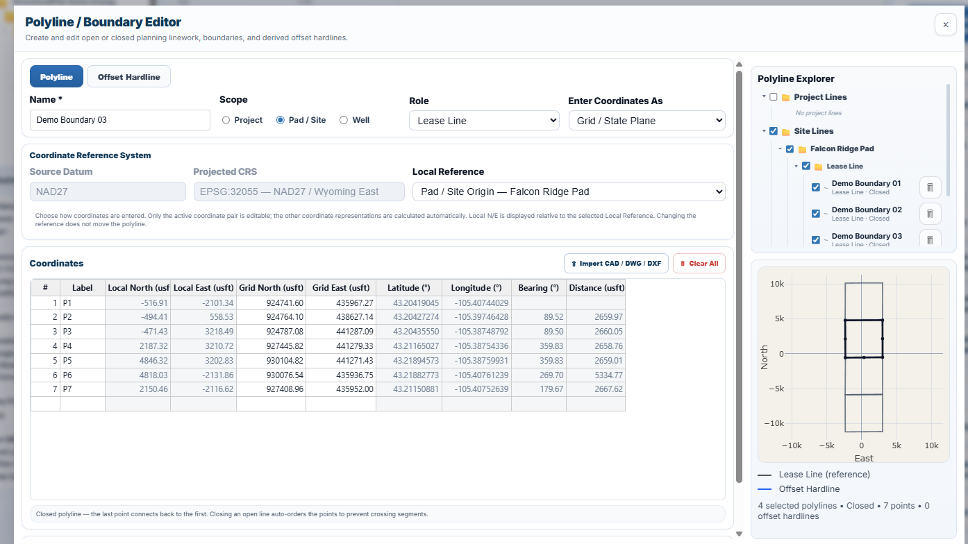 DirectionalPlan Polyline and Boundary Editor showing lease line coordinates, CRS, and a graphical preview