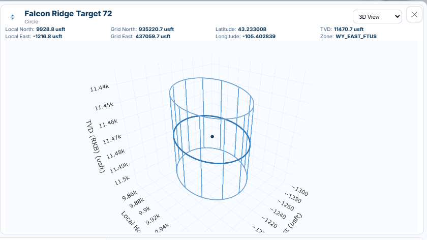 Falcon Ridge Target 72 circular 3D target volume with TVD and coordinate references
