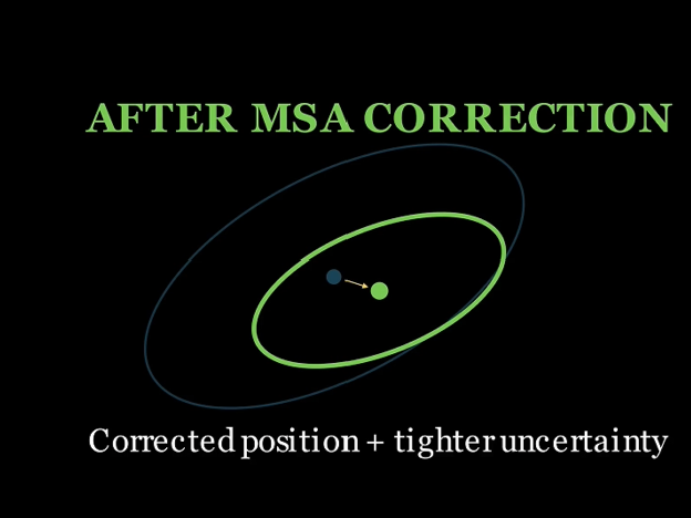 Illustration of corrected survey position and a smaller uncertainty ellipse after MSA correction